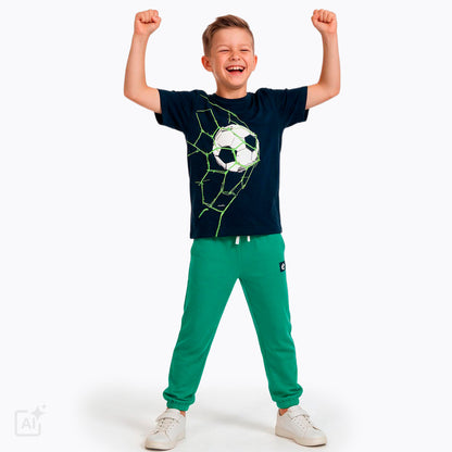 T-shirt z krótkim rękawem dla chłopca 9-13 lat, granatowa z piłką w siatce