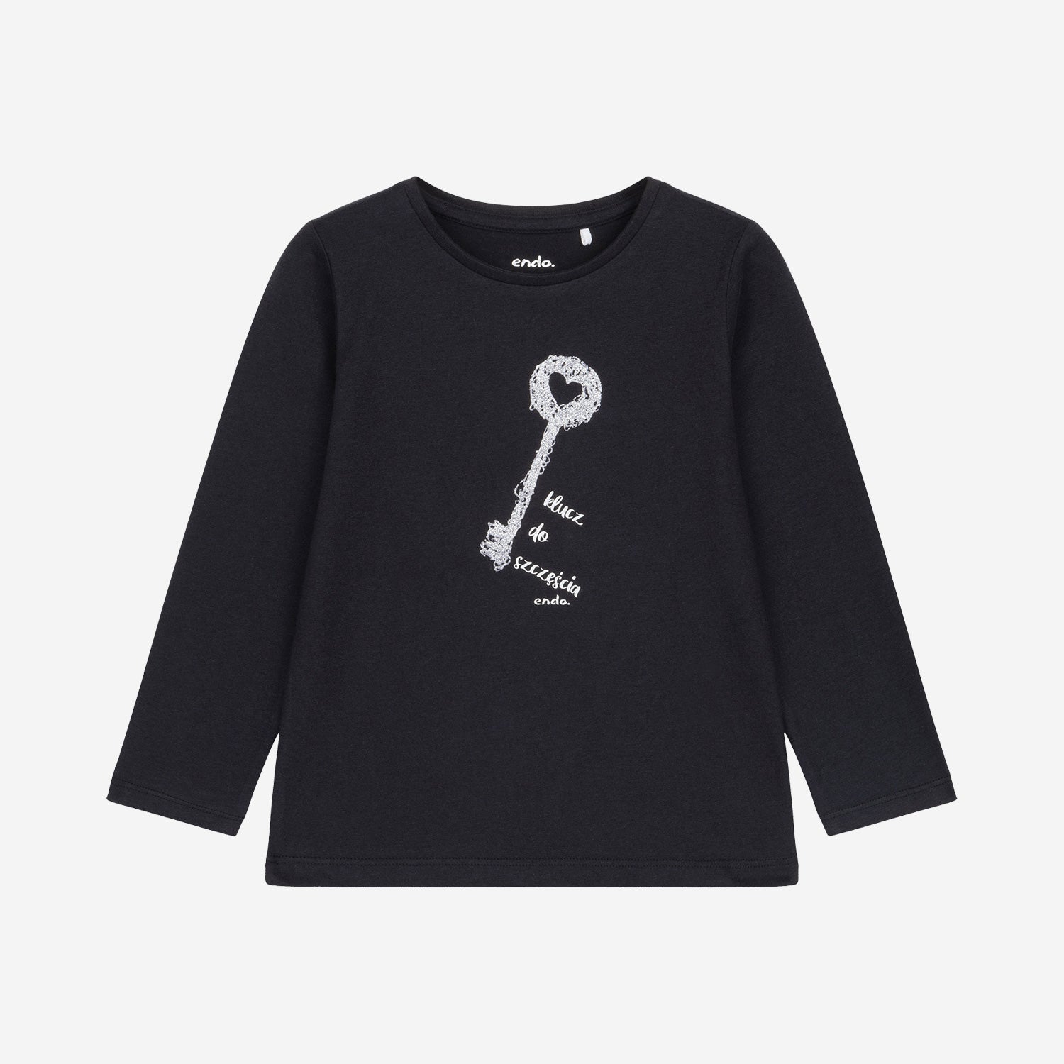 T-shirt z długim rękawem dla dziewczynki, z napisem klucz do szczęścia, czarny 3-8 lat