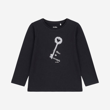 T-shirt z długim rękawem dla dziewczynki, z napisem klucz do szczęścia, czarny 3-8 lat