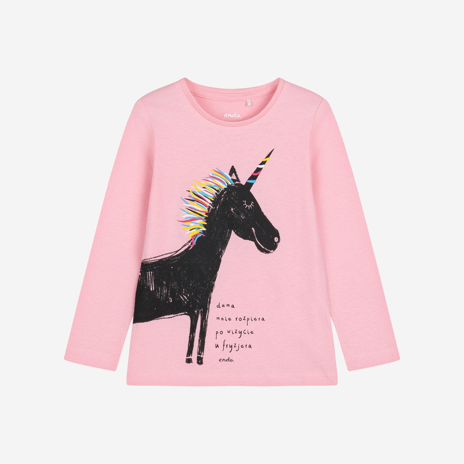 T-shirt z długim rękawem dla dziewczynki, z jednorożcem i napisem "duma mnie rozpiera po wizycie u fryzjera", różowy 3-8 lat