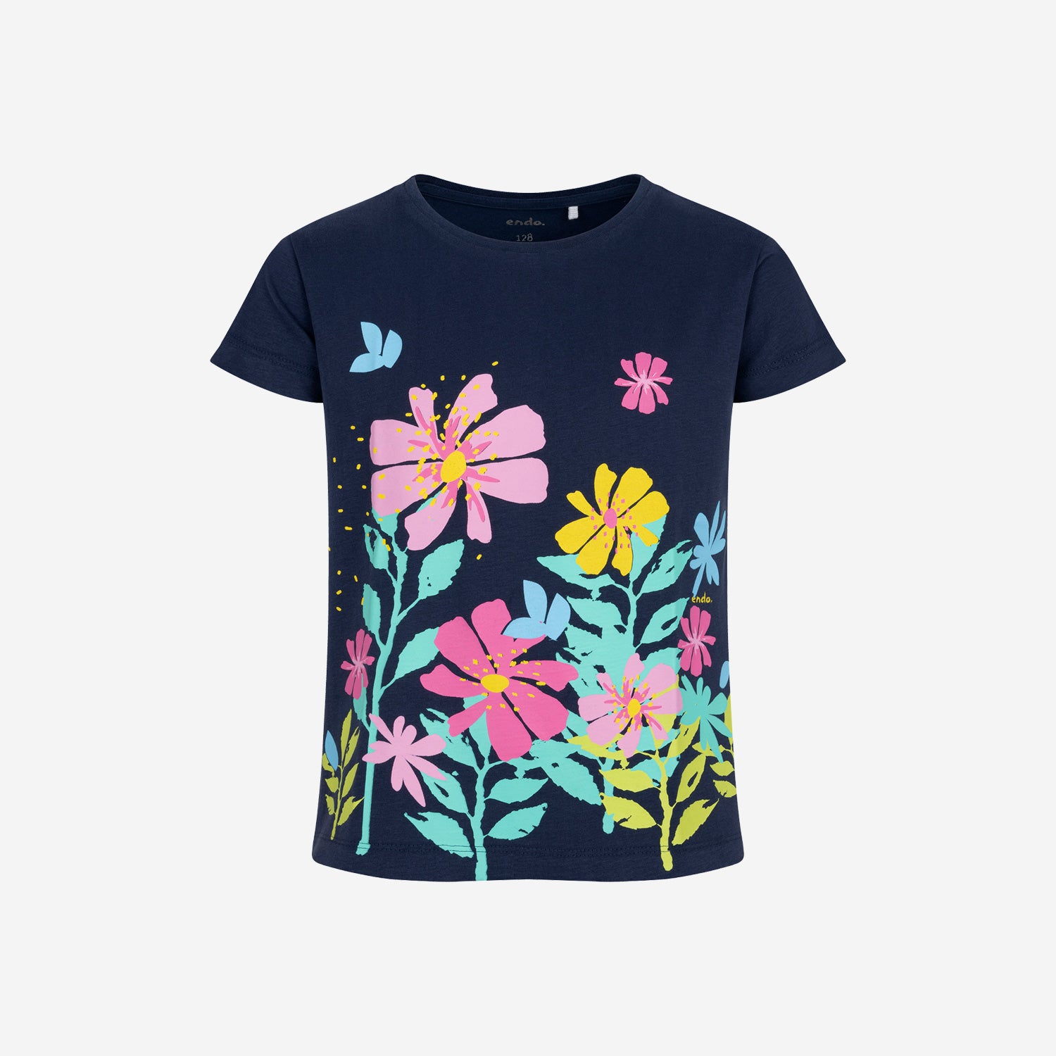 Short-sleeved T-shirt for girls, with a floral motif, navy blue, 3-8 years old