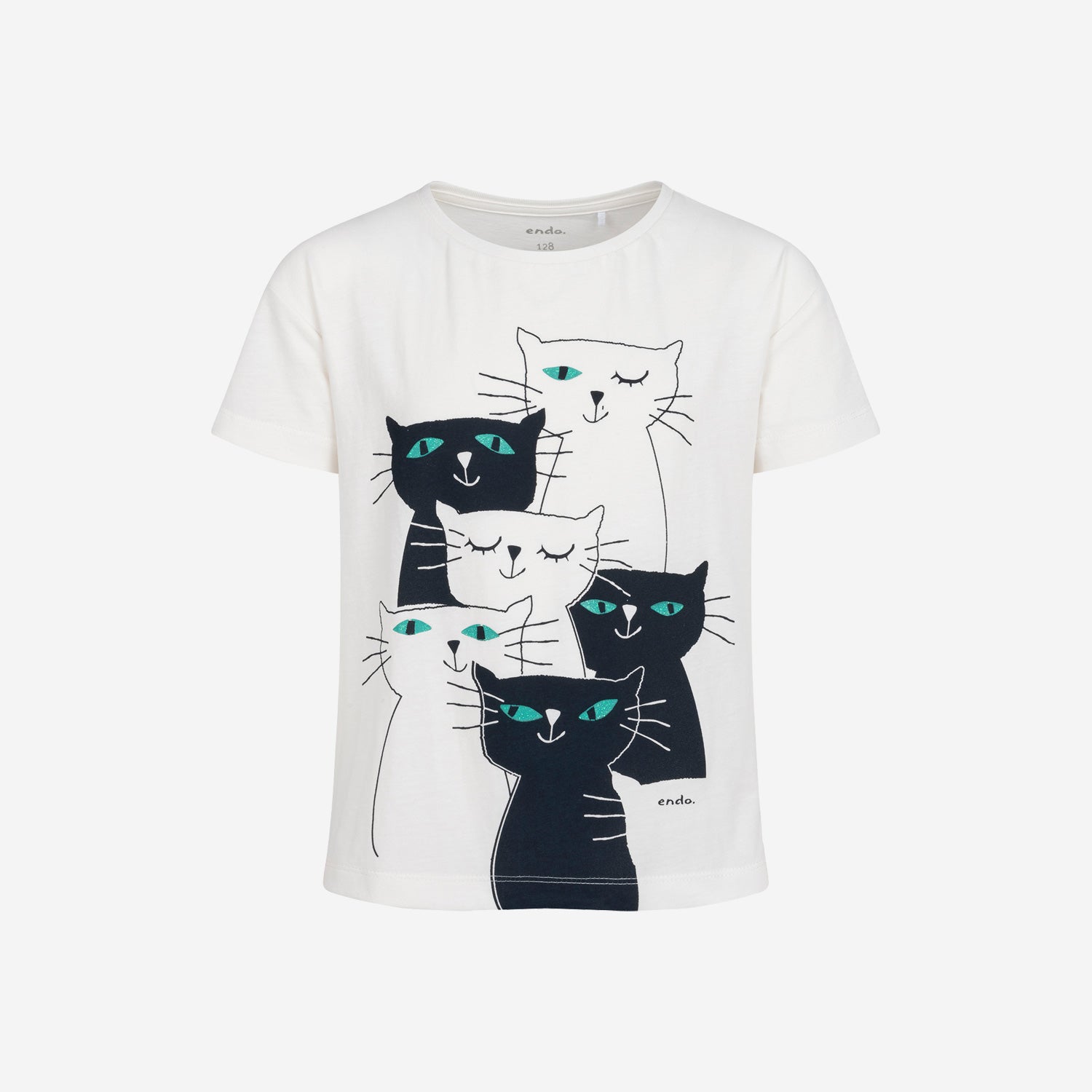 Short-sleeved T-shirt for girls, with cats, white, 3-8 years old