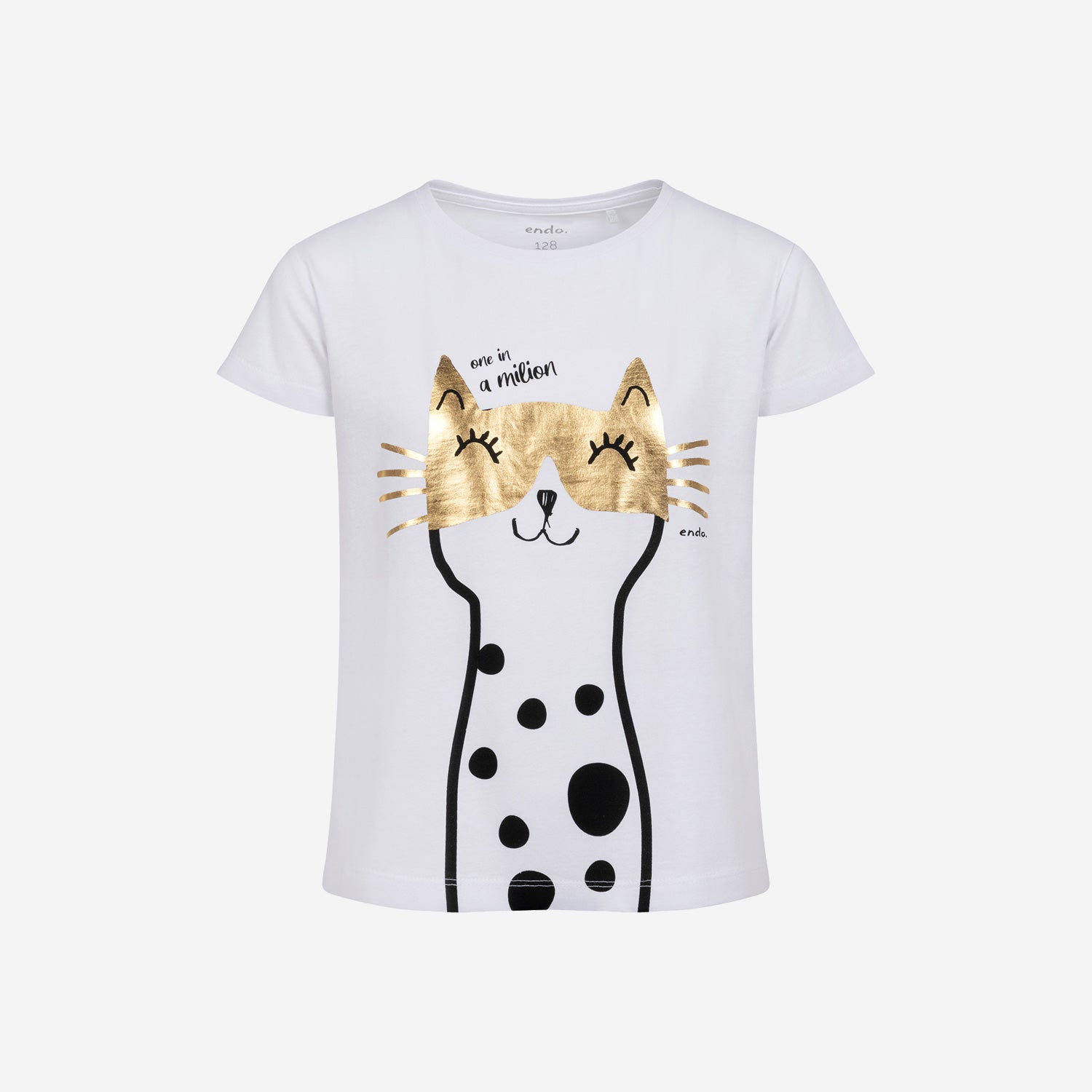 T-shirt z krótkim rękawem dla dziewczynki, z kotem, biały 3-8 lat