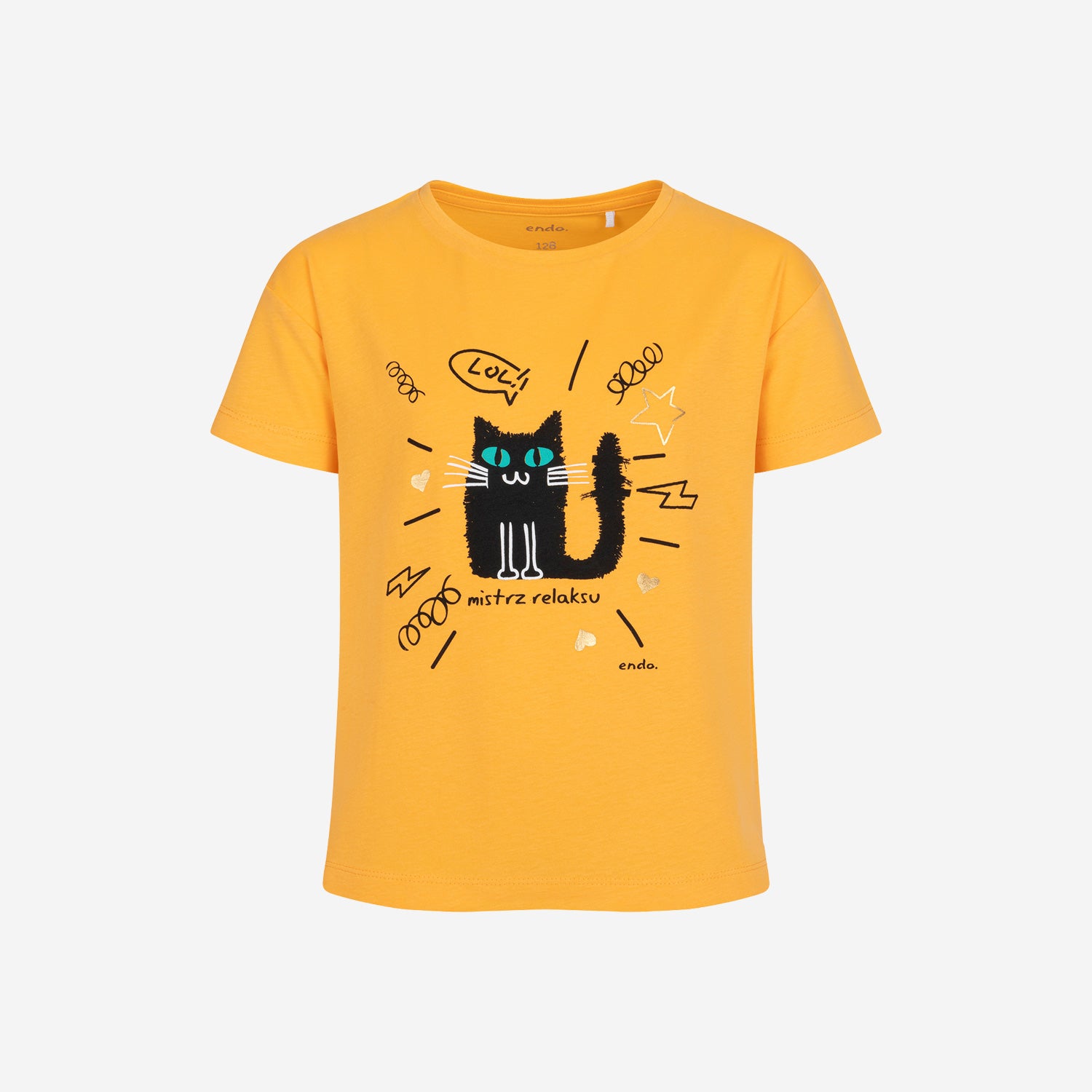 T-shirt z krótkim rękawem dla dziewczynki, z kotem, pomarańczowy 3-8 lat