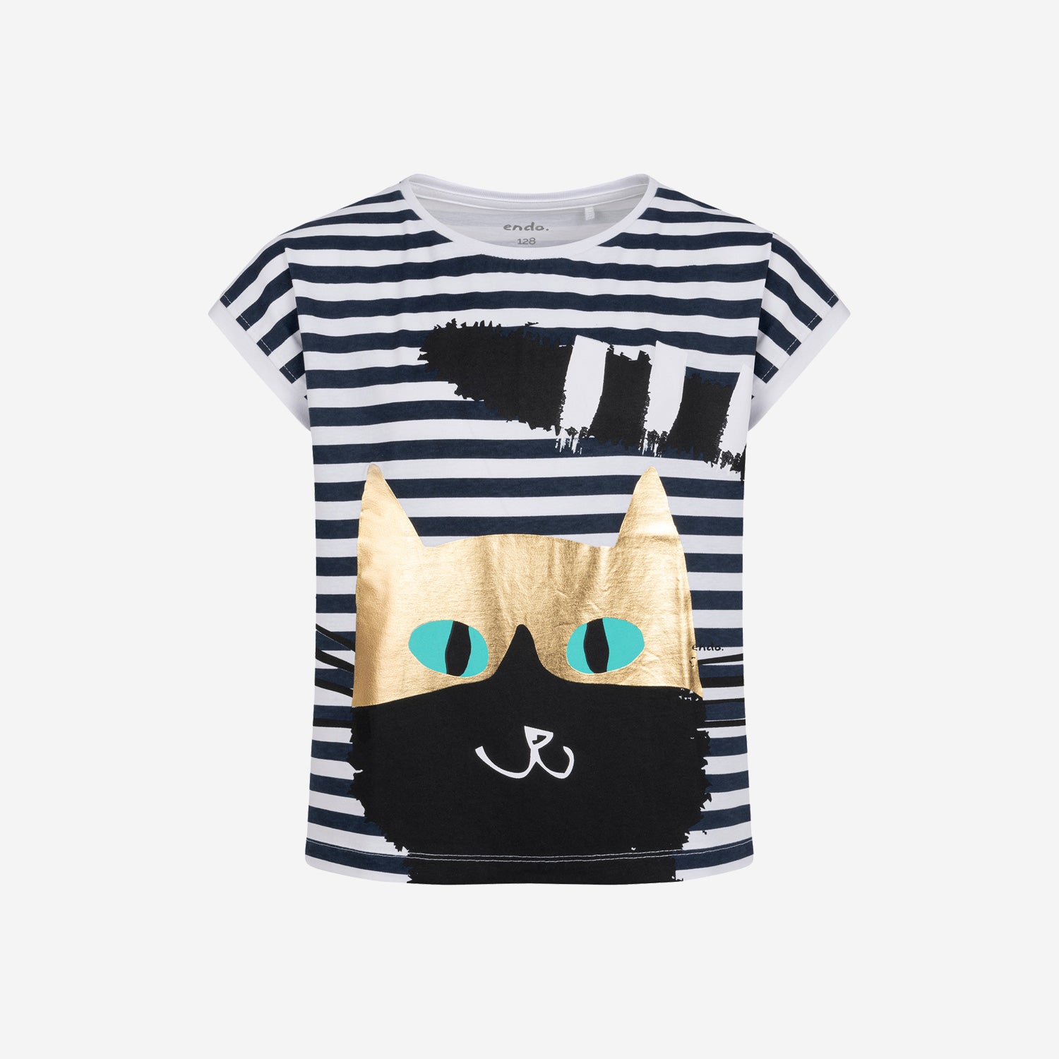 T-shirt z krótkim rękawem dla dziewczynki, z kotem, w paski 3-8 lat