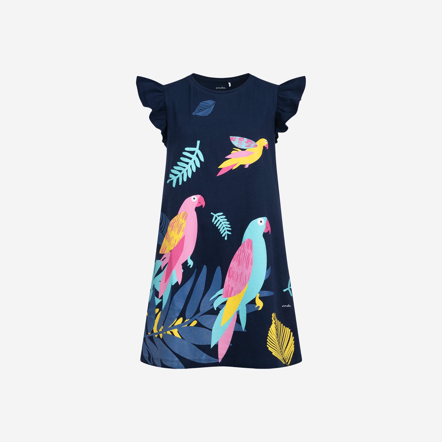 Short-sleeved dress for girls with parrots, navy blue, 3-8 years old