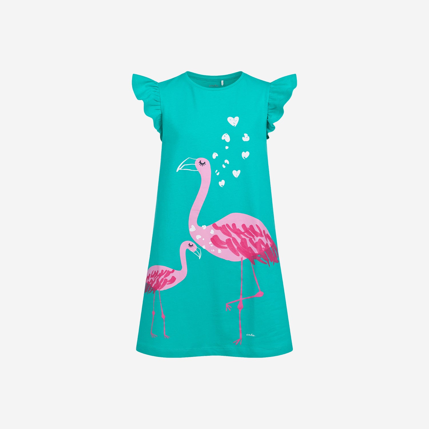Short-sleeved dress for girls with flamingos, green, 9-13 years old