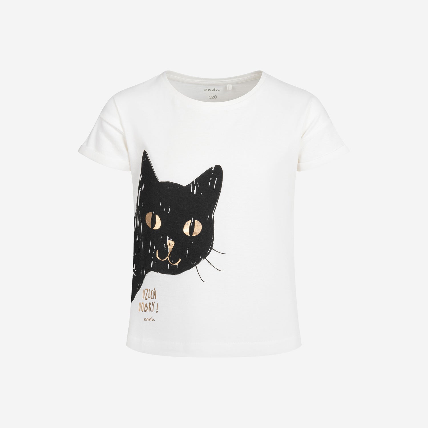 T-shirt z krótkim rękawem dla dziewczynki, z motywem kota, kremowy 3-8 lat