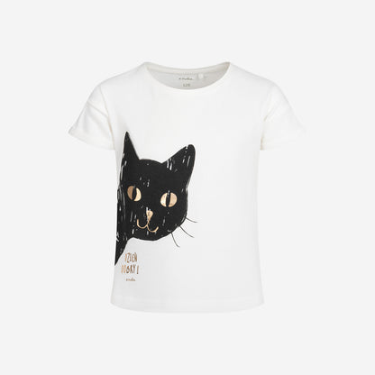 T-shirt z krótkim rękawem dla dziewczynki, z motywem kota, kremowy 3-8 lat