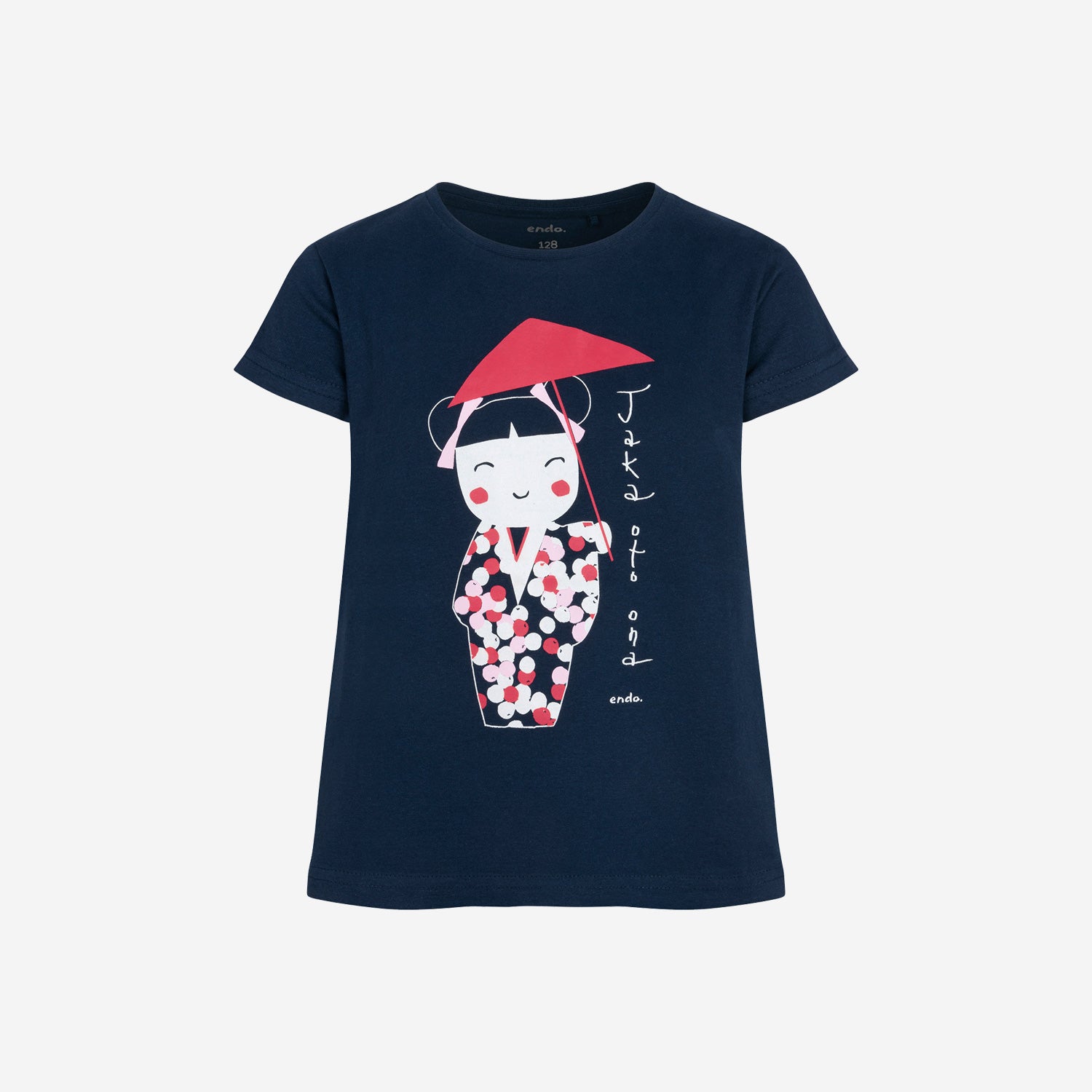 T-shirt z krótkim rękawem dla dziewczynki, z motywem gejszy, granatowy 3-8 lat