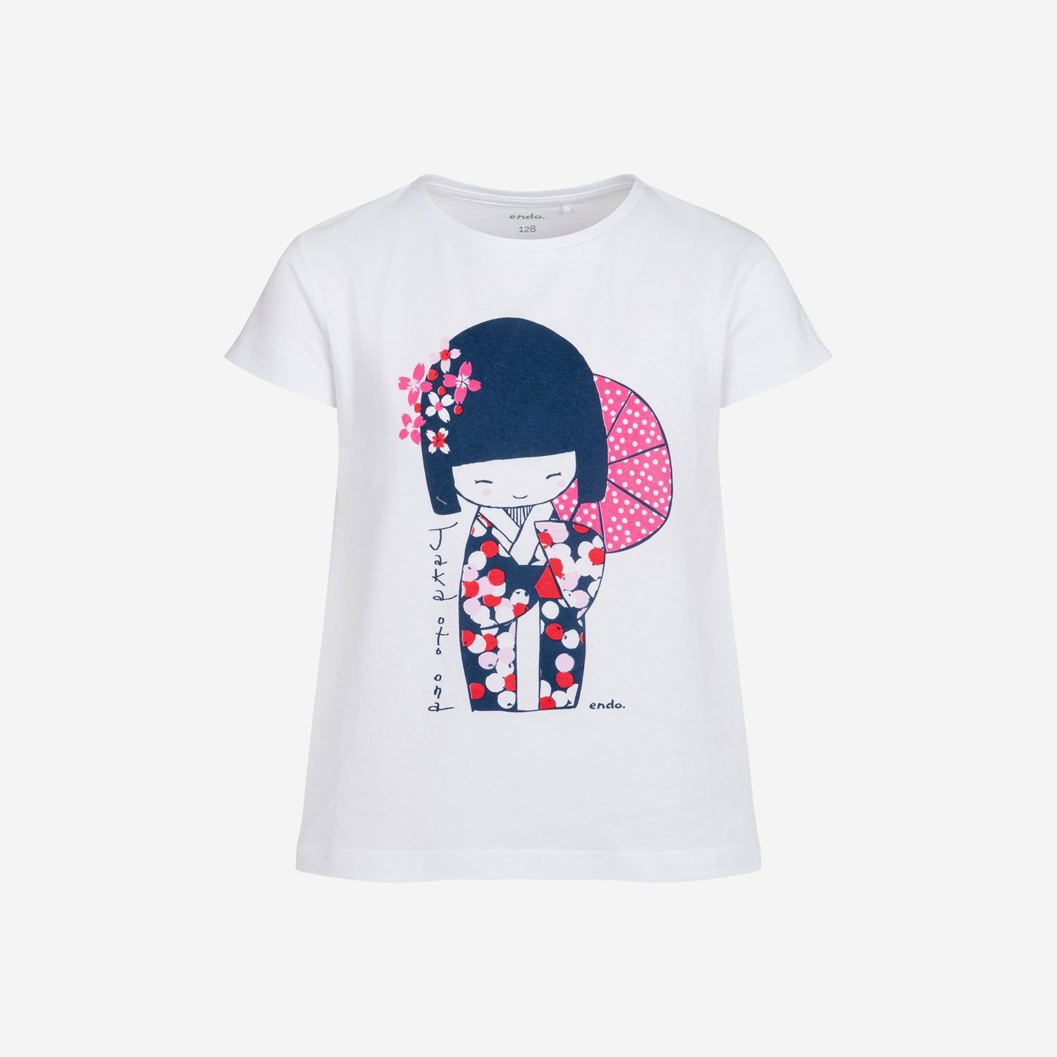 T-shirt z krótkim rękawem dla dziewczynki, z motywem gejszy, biały 3-8 lat