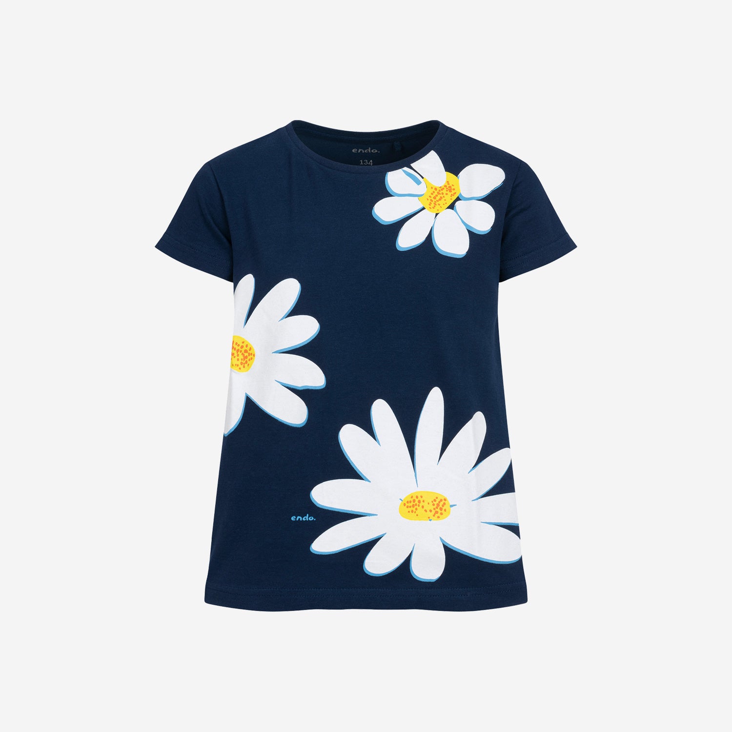 T-shirt z krótkim rękawem dla dziewczynki, ze stokrotkami, granatowa 3-8 lat