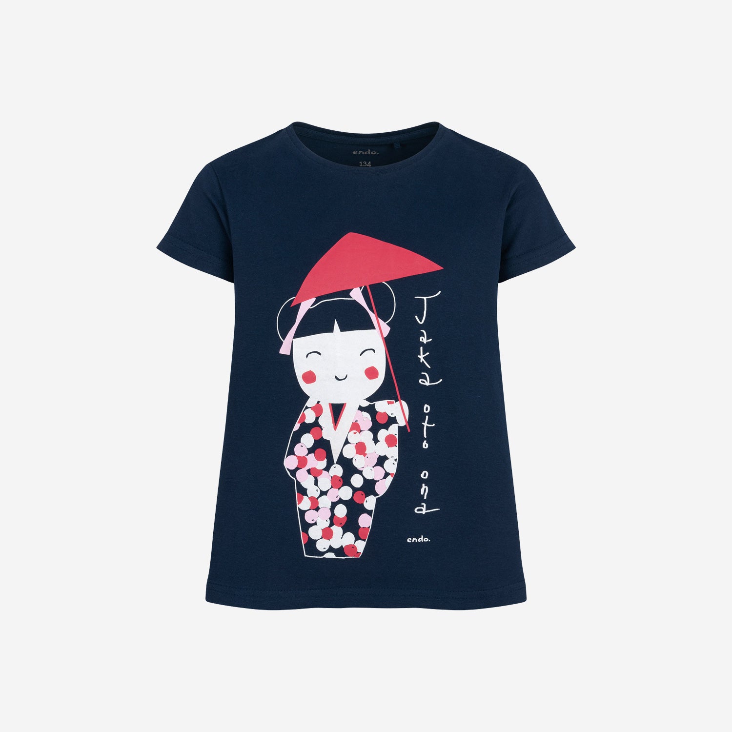 Short-sleeved t-shirt for girls, with a geisha motif, navy blue, 9-13 years old