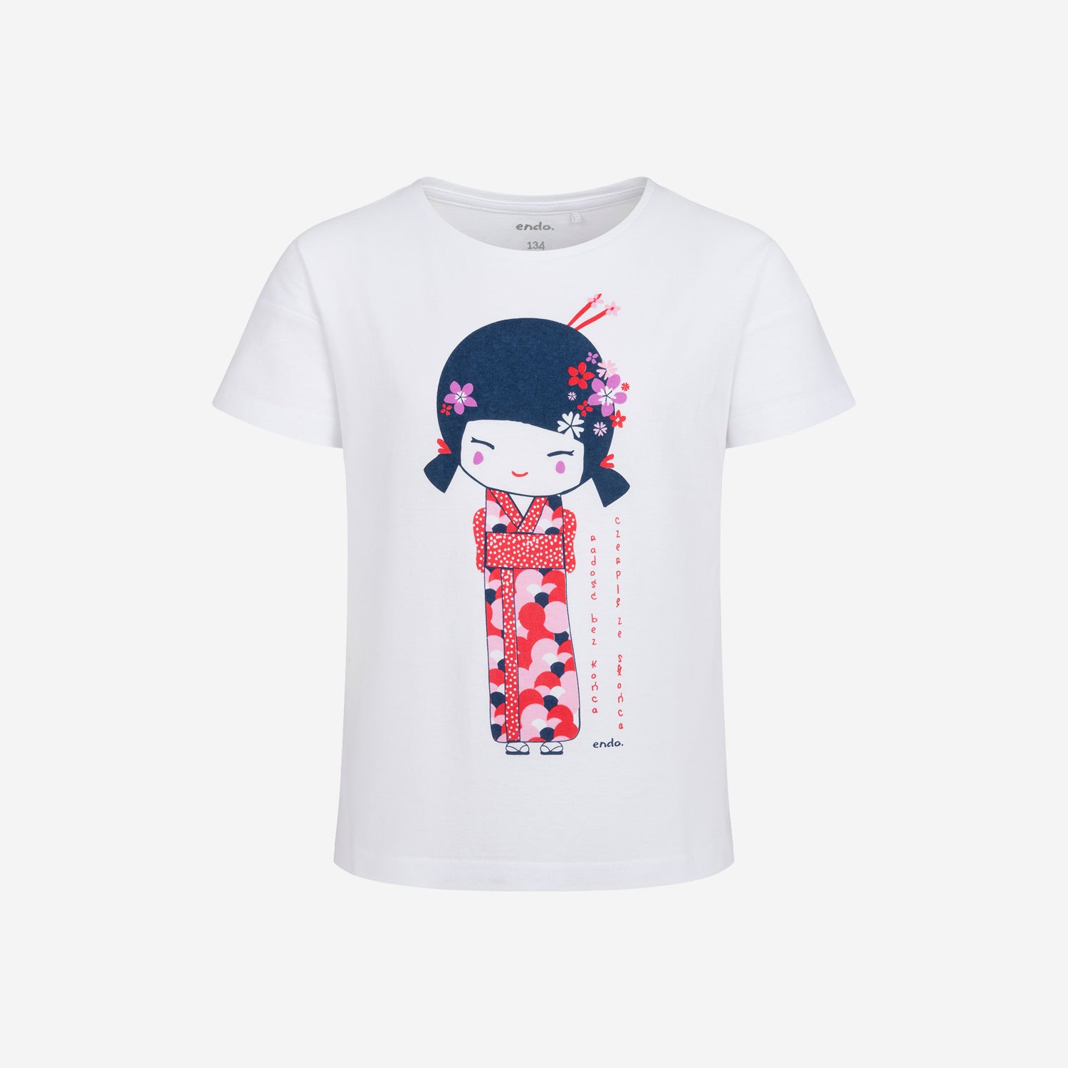 Short-sleeved t-shirt for girls, with a geisha motif, white, 9-13 years old