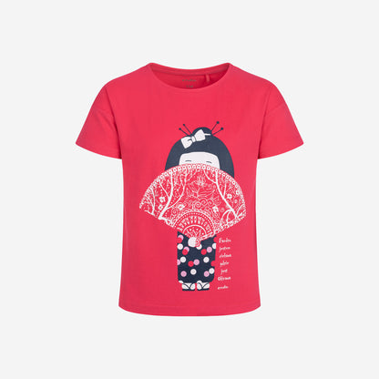 T-shirt z krótkim rękawem dla dziewczynki, z motywem gejszy, różowy 9-13 lat