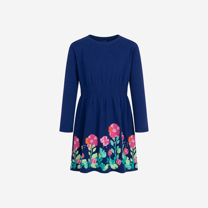 Long-sleeved floral dress for girls, navy blue, 3-8 years old