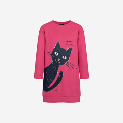 Dress for girls, with a cat, pink, 9-13 years old