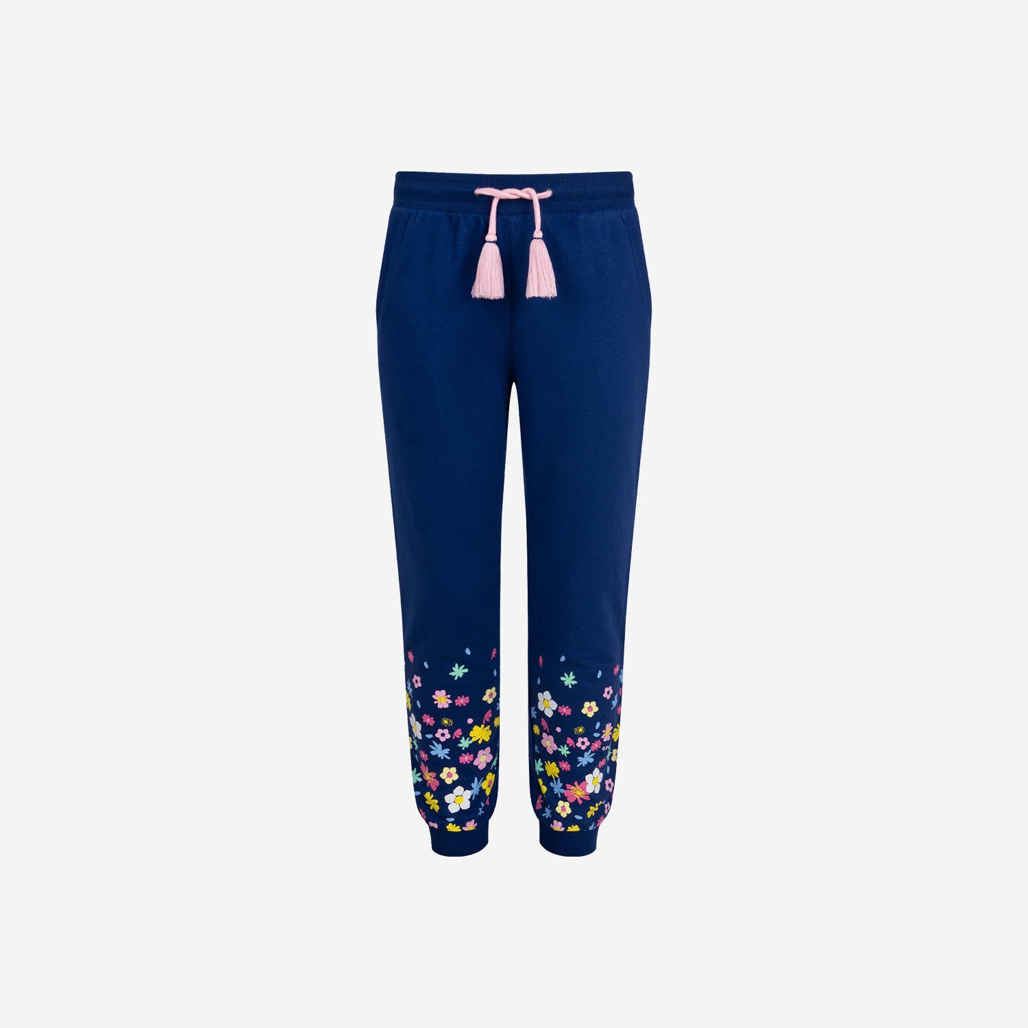 Girls' sweatpants with a floral motif, navy blue, 9-13 years old