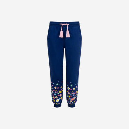 Girls' sweatpants with a floral motif, navy blue, 9-13 years old
