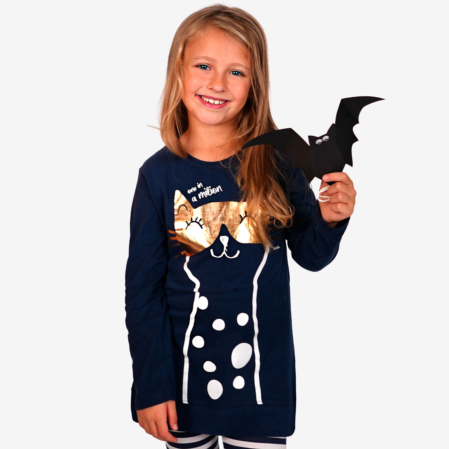 Tunic for girls, with a cat motif, navy blue, 9-13 years old