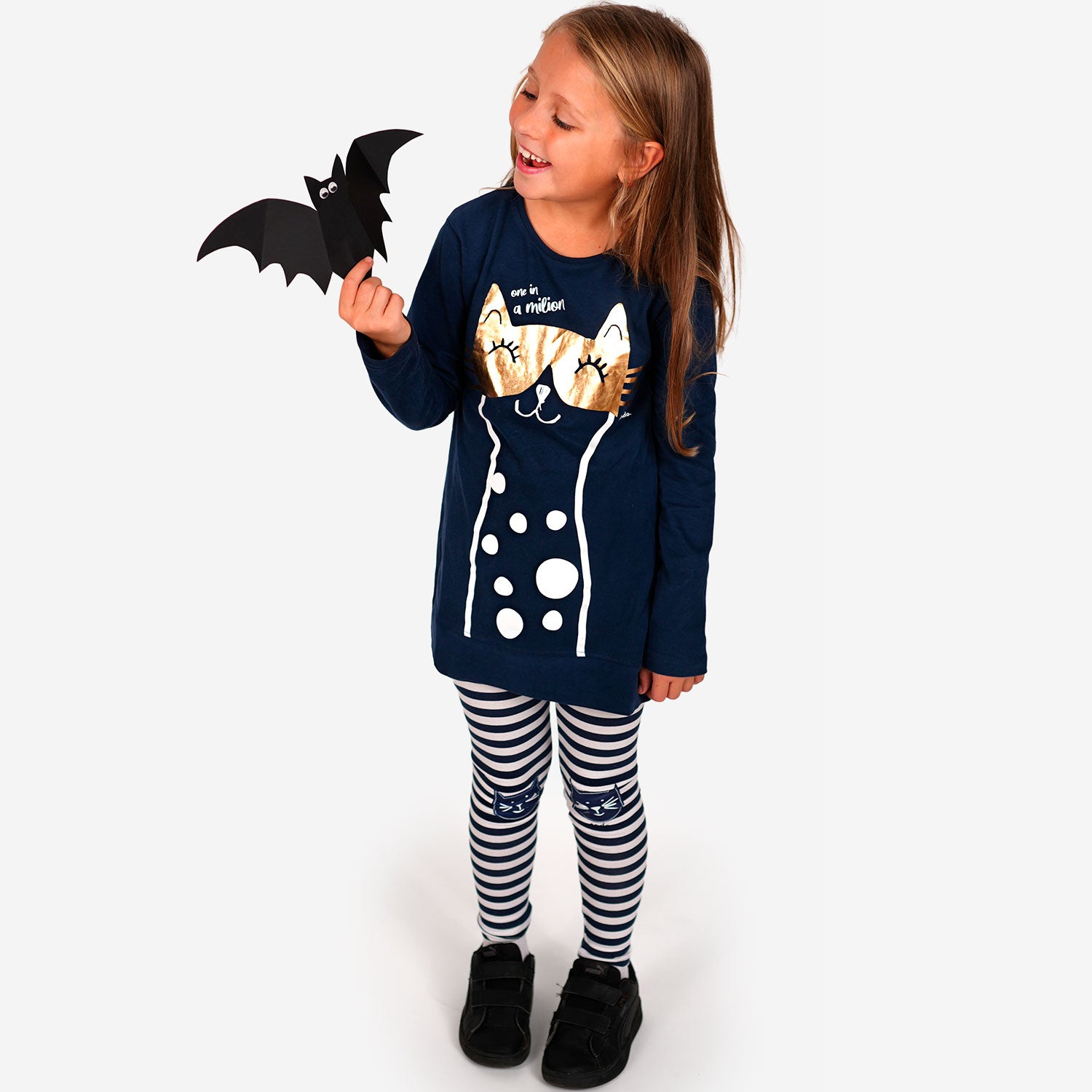 Tunic for girls, with a cat motif, navy blue, 9-13 years old