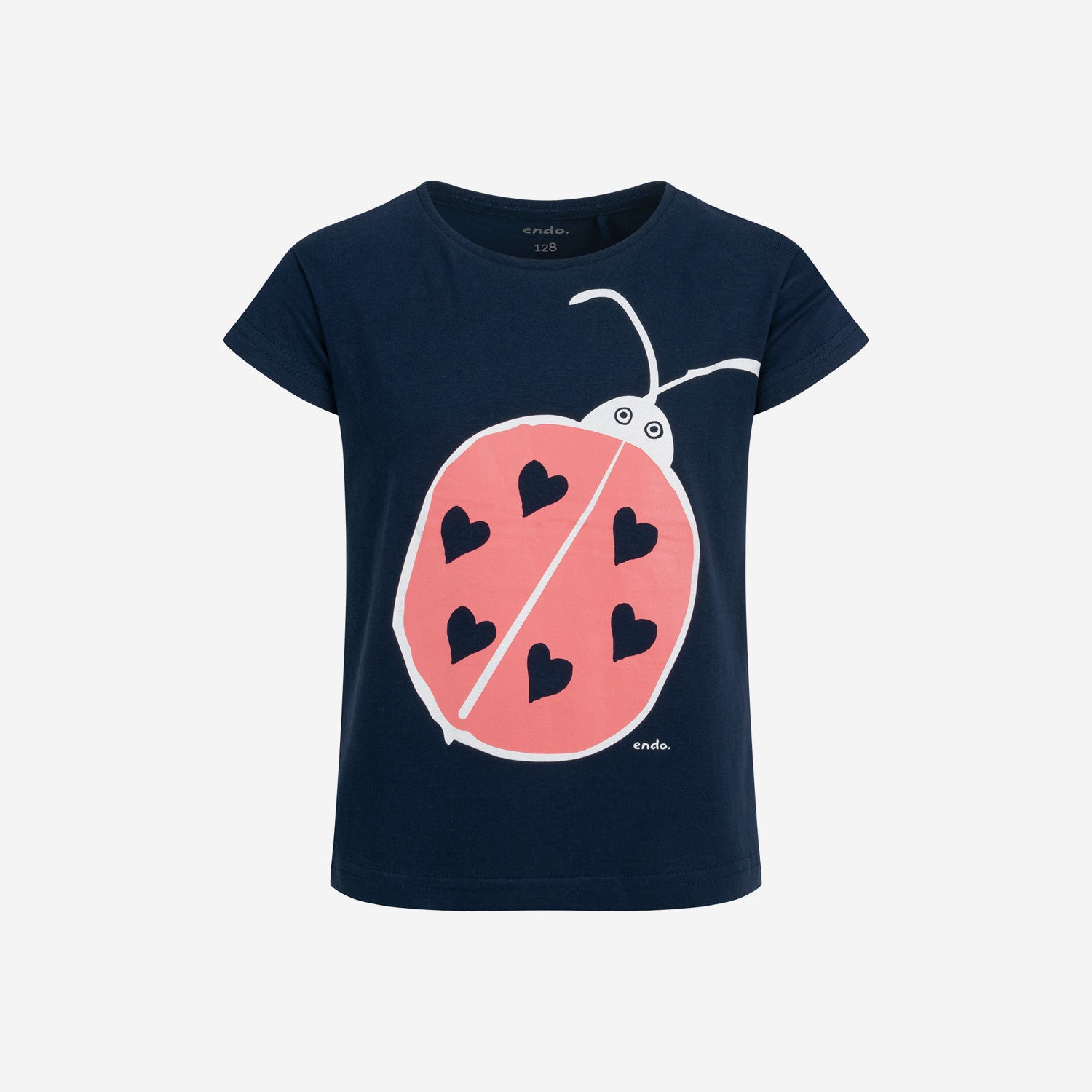 T-shirt z krótkim rękawem dla dziewczynki, z biedronką, granatowy 9-13 lat