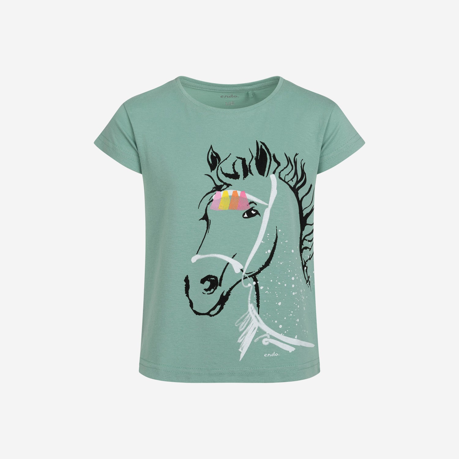 Short-sleeved T-shirt for girls, with a horse, green, 3-8 years old