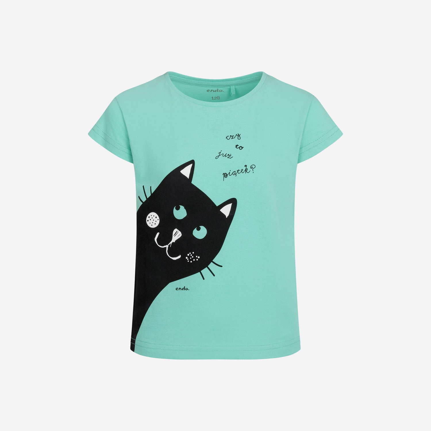 T-shirt z krótkim rękawem dla dziewczynki, z kotem, zielony 3-8 lat