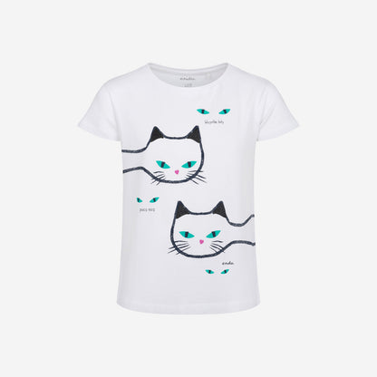 T-shirt z krótkim rękawem dla dziewczynki, z kotami, biały 3-8 lat