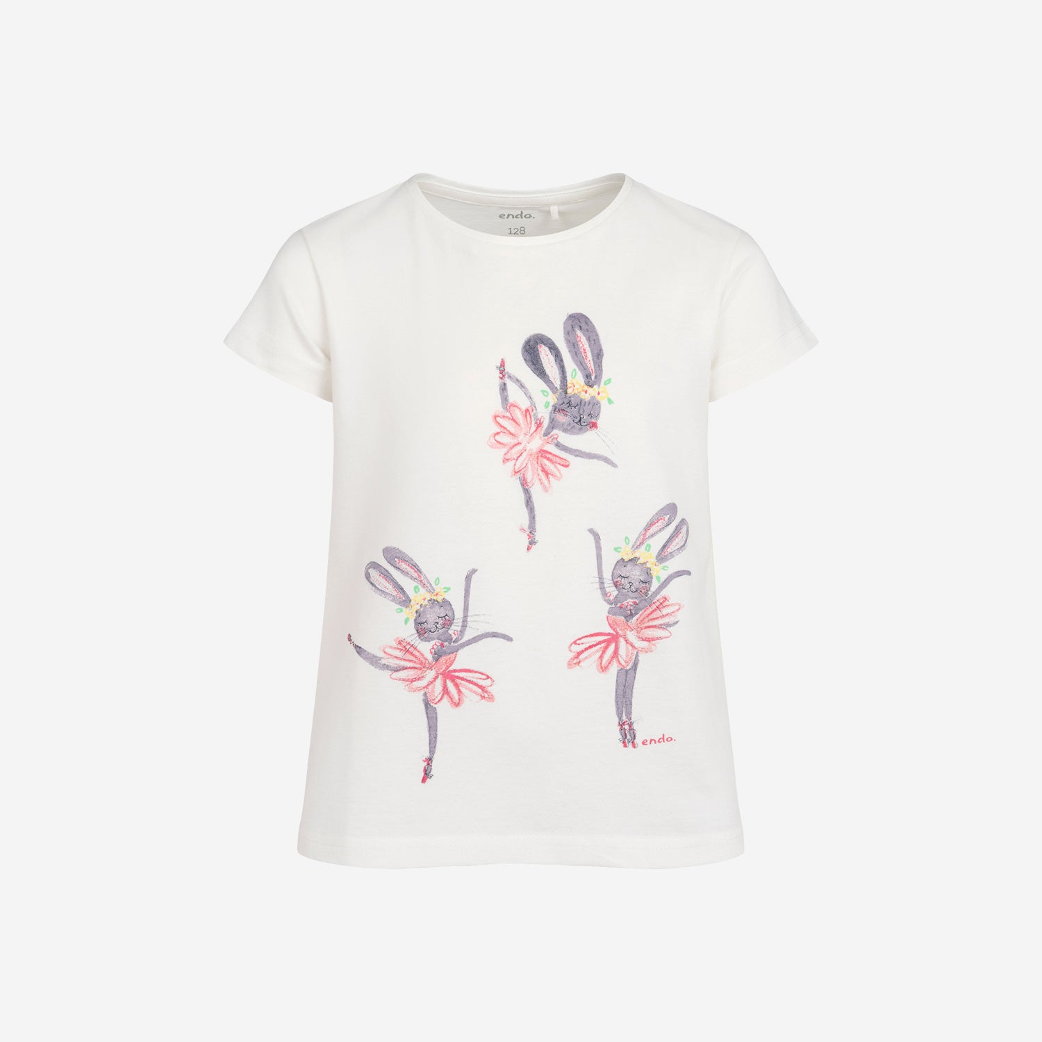 Short-sleeved T-shirt for girls, with rabbits, white, 3-8 years old