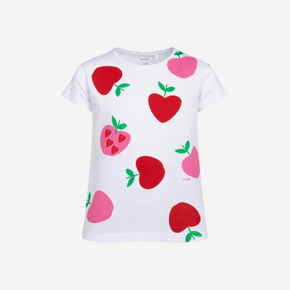 T-shirt z krótkim rękawem dla dziewczynki, z jabłkami, biały 3-8 lat