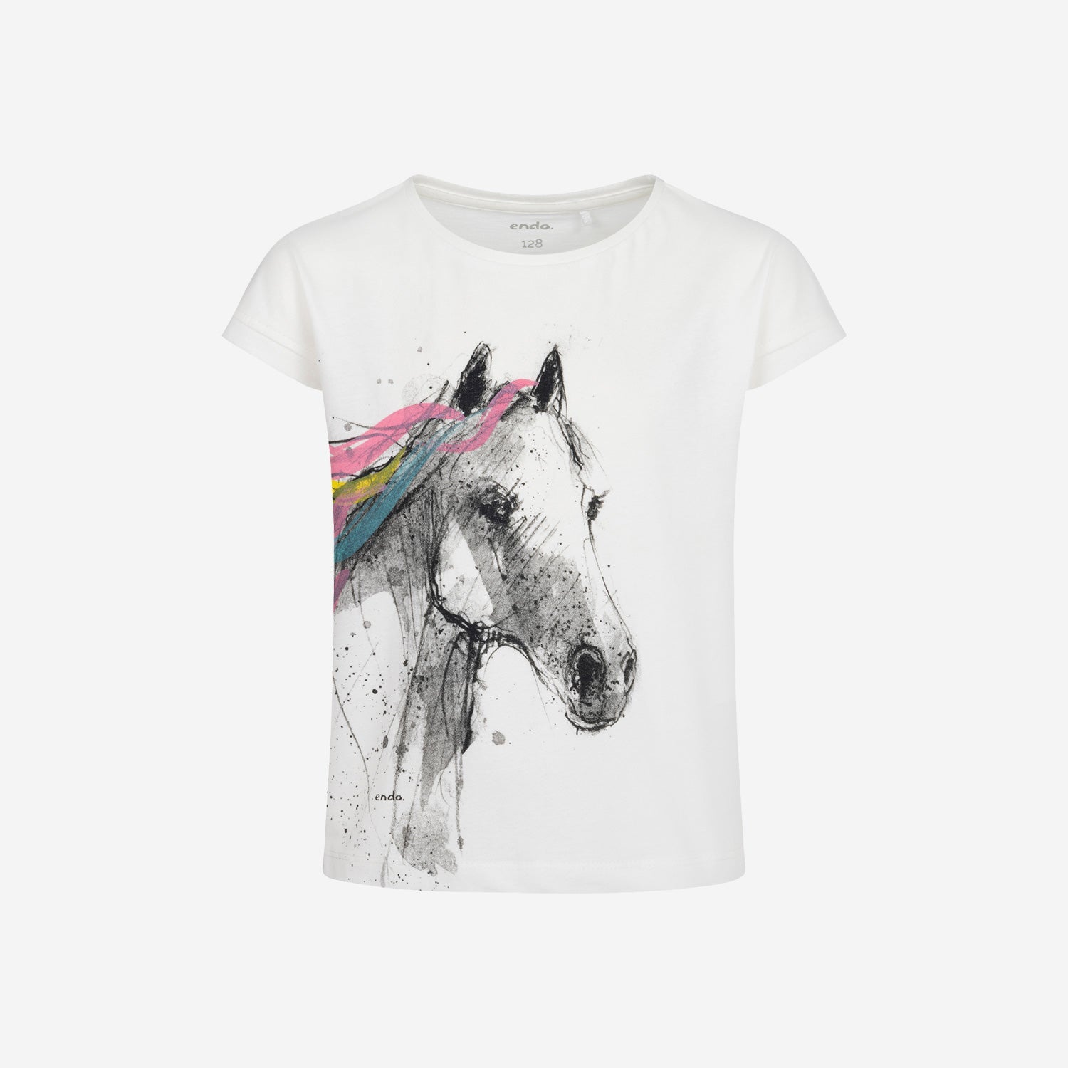 T-shirt z krótkim rękawem dla dziewczynki, z koniem 3-8 lat, Kremowy