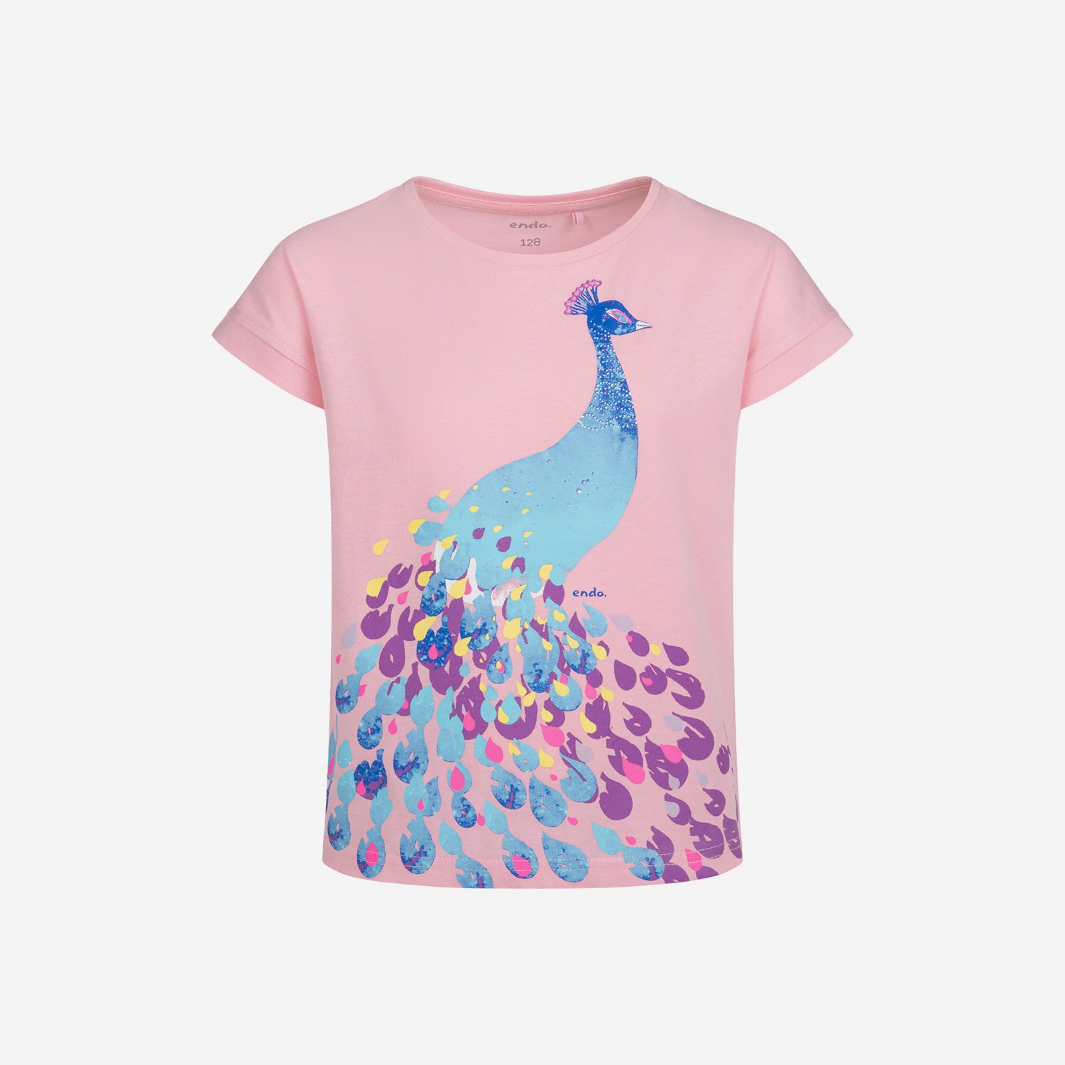 T-shirt z krótkim rękawem dla dziewczynki, z pawiem, różowy 3-8 lat
