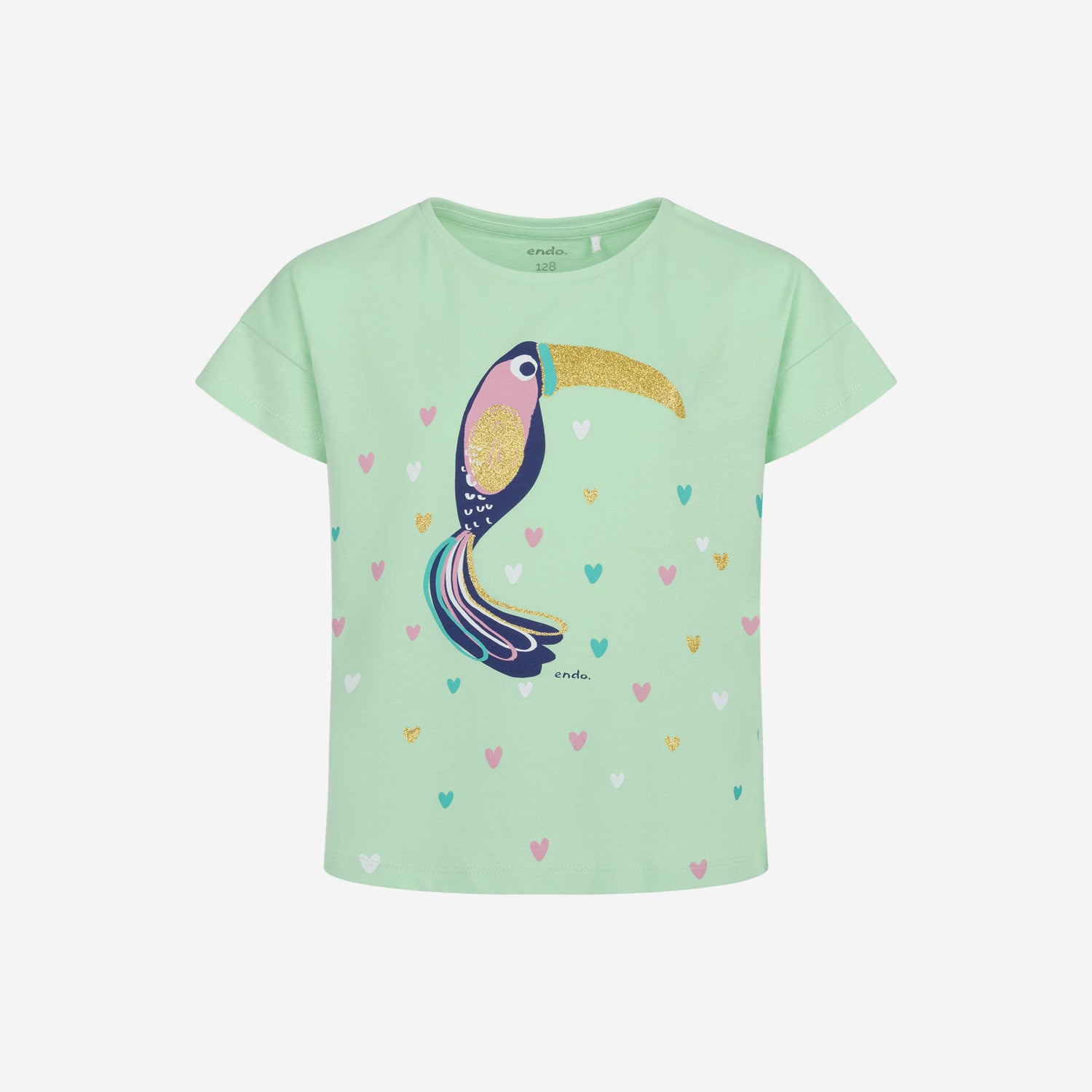 Short-sleeved T-shirt for girls, with a toucan, green, 9-13 years old