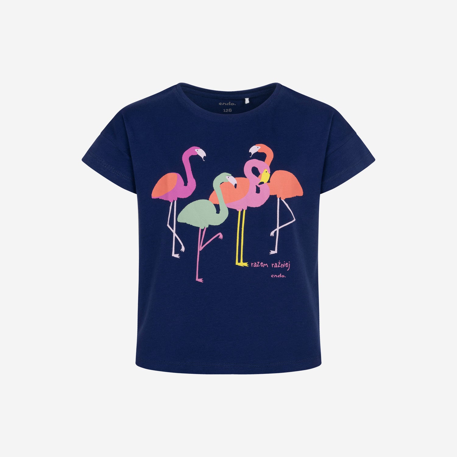 T-shirt z krótkim rękawem dla dziewczynki, z flamingami, granatowy 3-8 lat