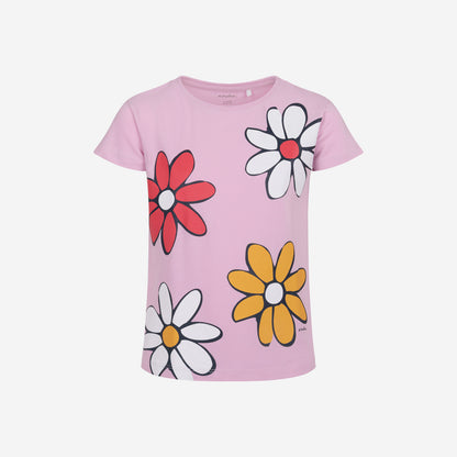 Short-sleeved T-shirt for girls, with flowers, pink, 3-8 years old