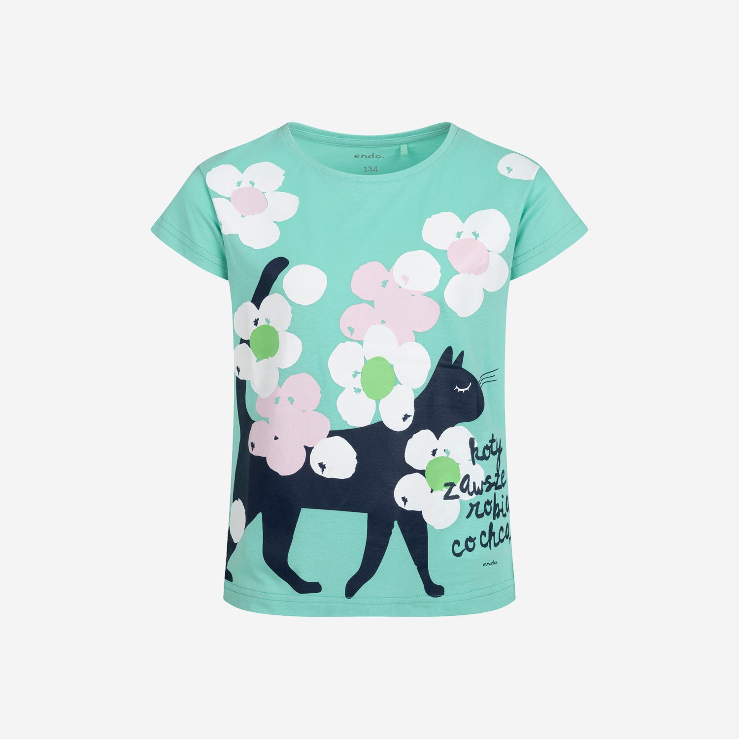 T-shirt z krótkim rękawem dla dziewczynki, z kotem, zielony 3-8 lat