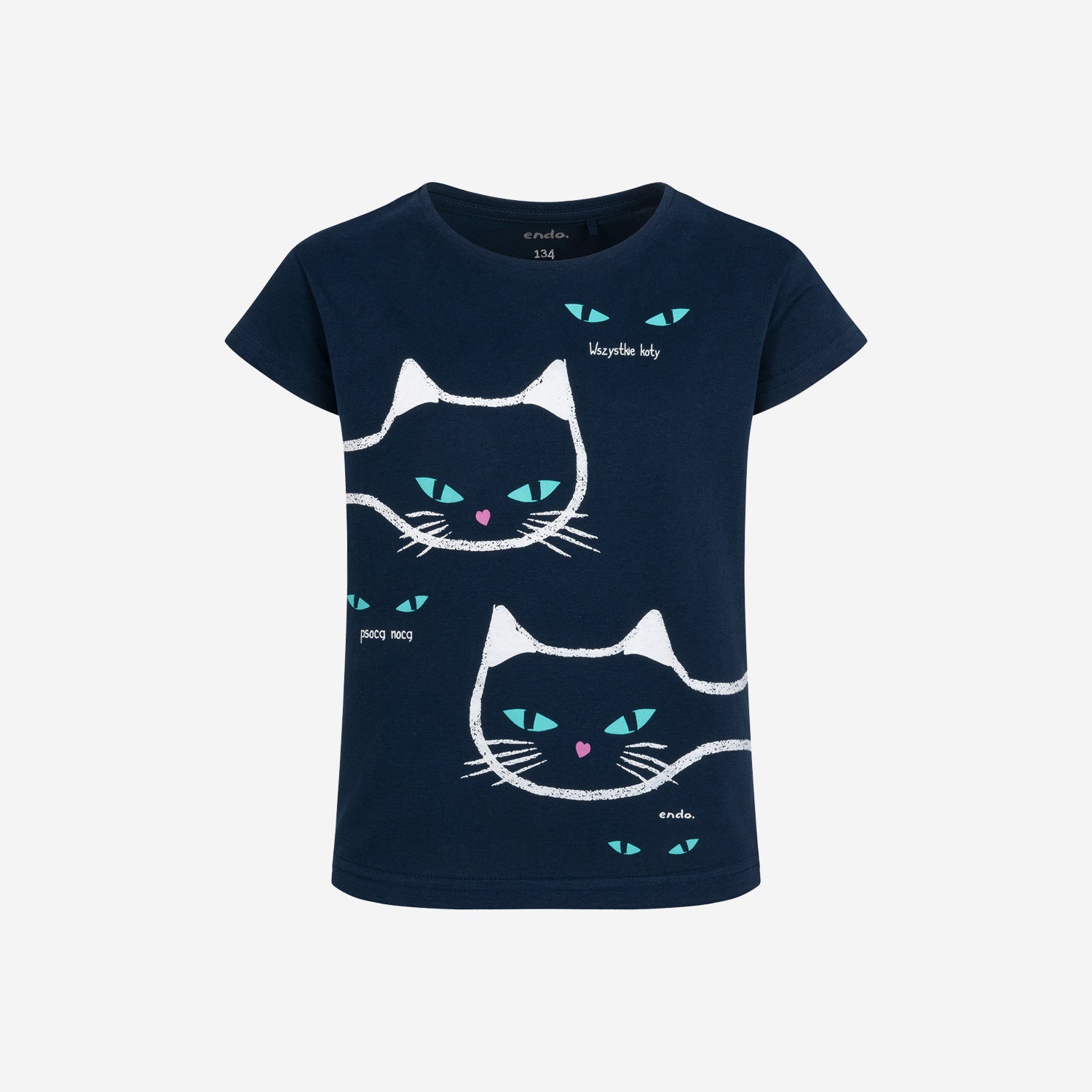 T-shirt z krótkim rękawem dla dziewczynki, z kotami, granatowy 9-13 lat
