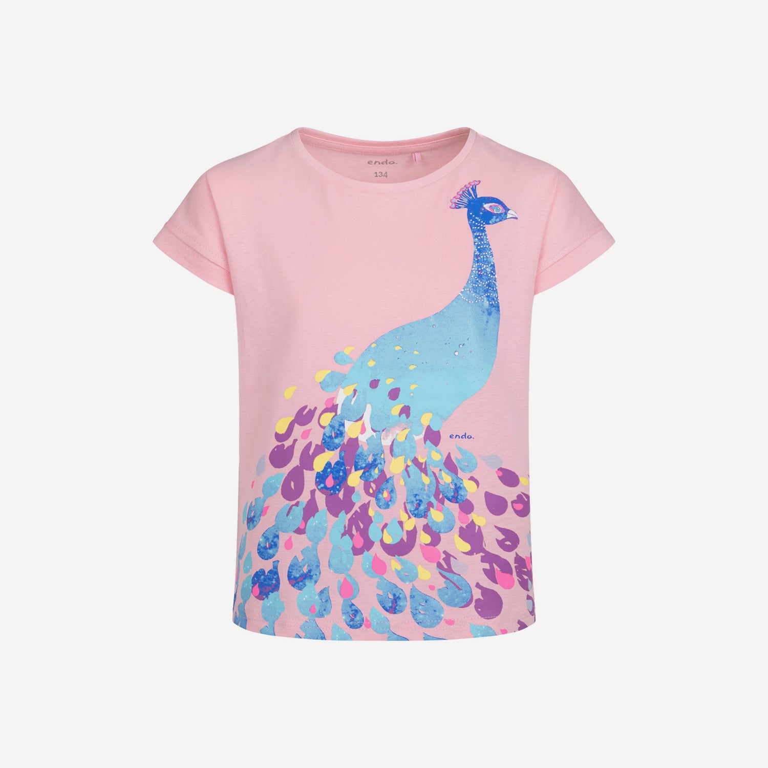 T-shirt z krótkim rękawem dla dziewczynki, z pawiem, różowy 9-13 lat