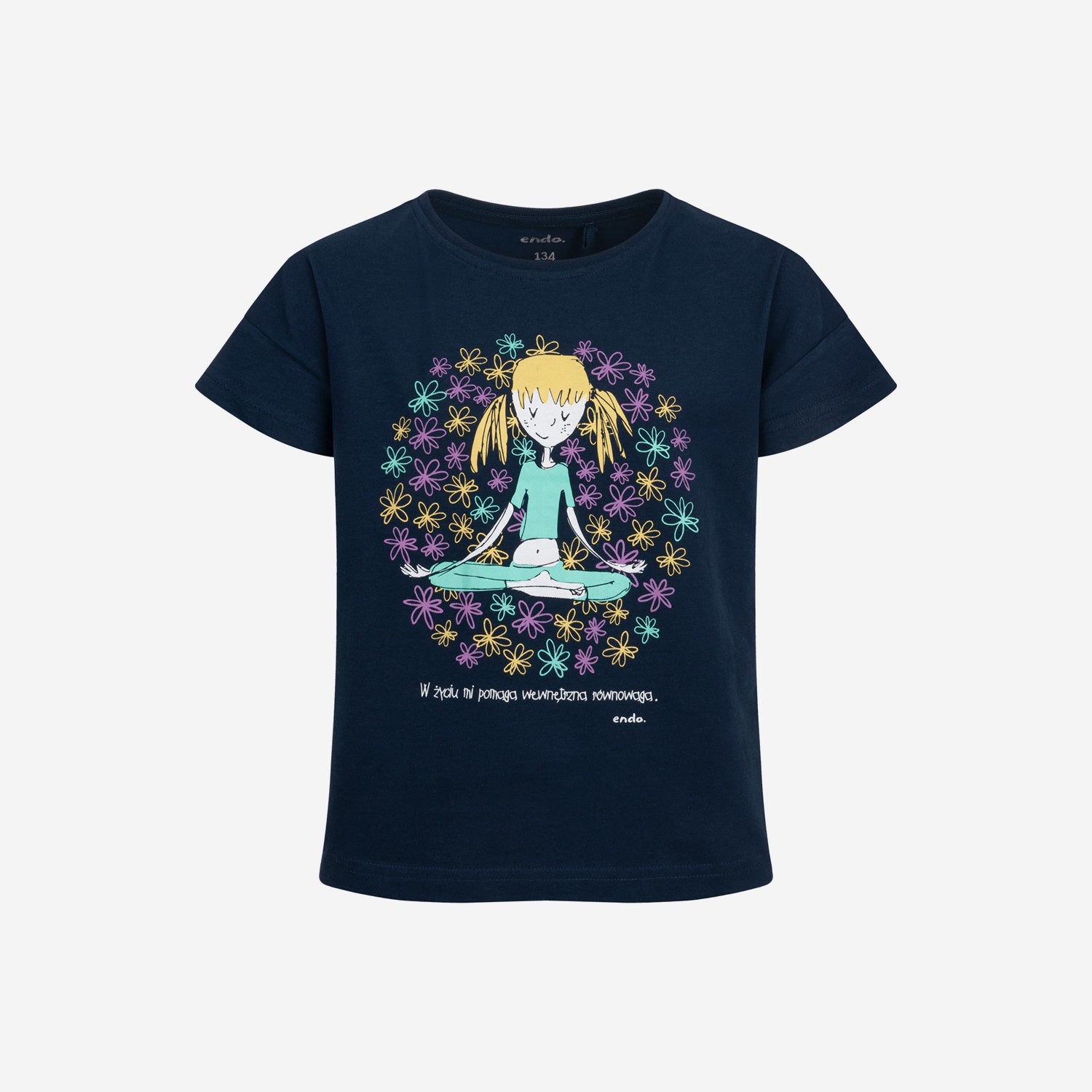 T-shirt z krótkim rękawem dla dziewczynki, z motywem jogi, granatowy 9-13 lat
