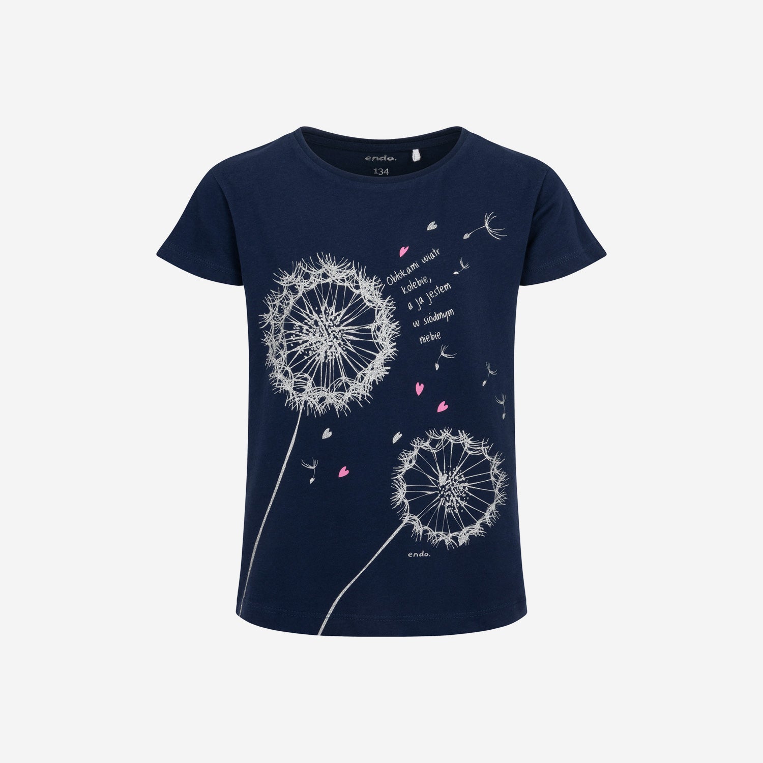 Short-sleeved t-shirt for girls, with dandelions, navy blue, 9-13 years old