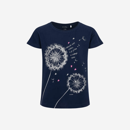 T-shirt z krótkim rękawem dla dziewczynki, z dmuchawcami, granatowy 9-13 lat