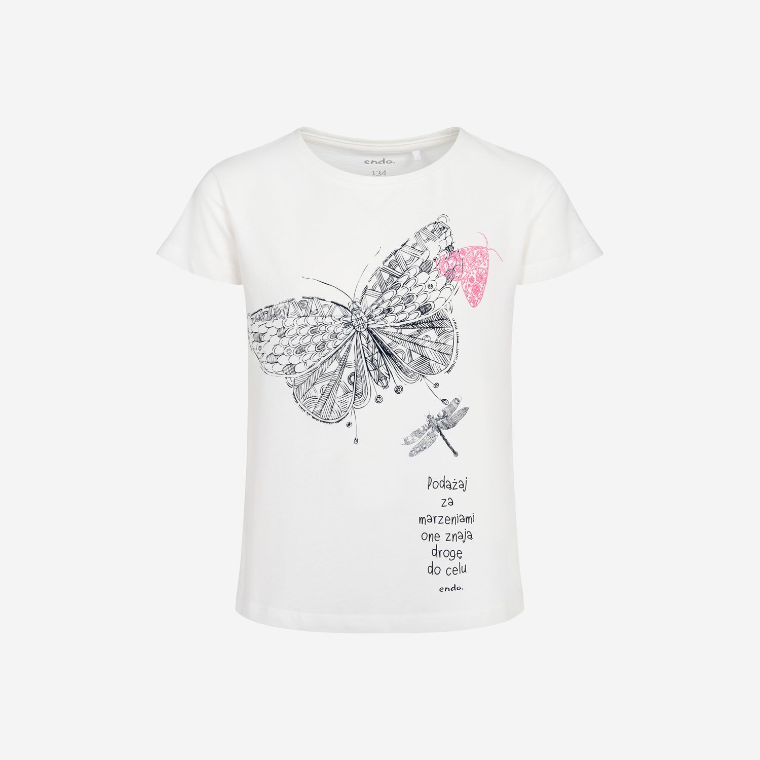 T-shirt z krótkim rękawem dla dziewczynki, z motylem i ważką, biały, 9-13 lat
