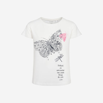 T-shirt z krótkim rękawem dla dziewczynki, z motylem i ważką, biały, 9-13 lat