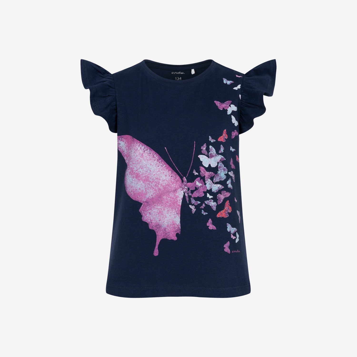 T-shirt z krótkim rękawem dla dziewczynki, z motylem 9-13 lat, Ciemnoniebieski