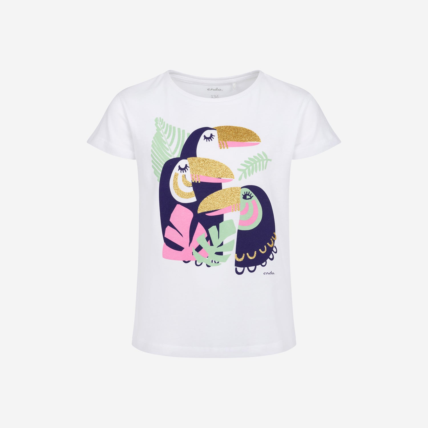T-shirt z krótkim rękawem dla dziewczynki, z tukanami, biały 9-13 lat