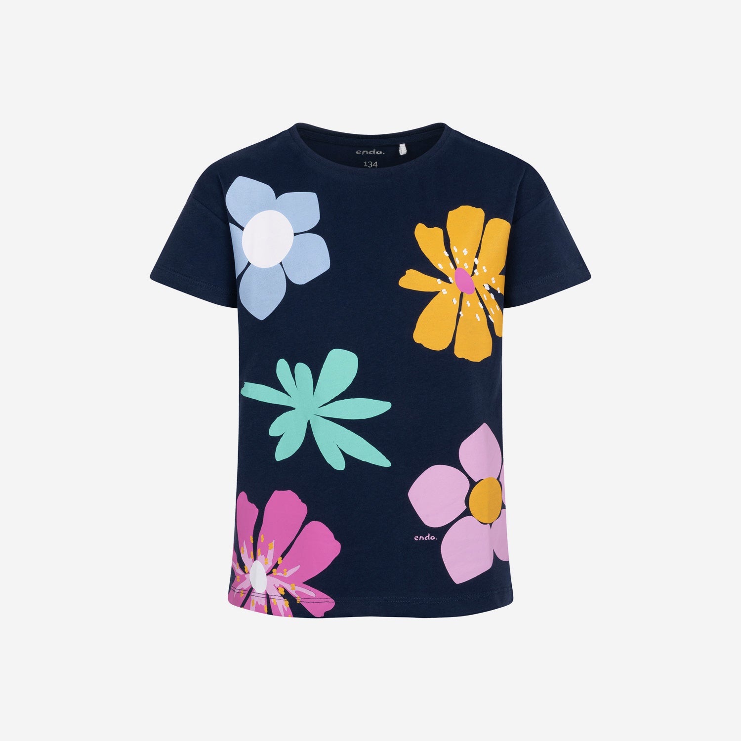 Short-sleeved T-shirt for girls, with a floral motif, navy blue, 9-13 years old
