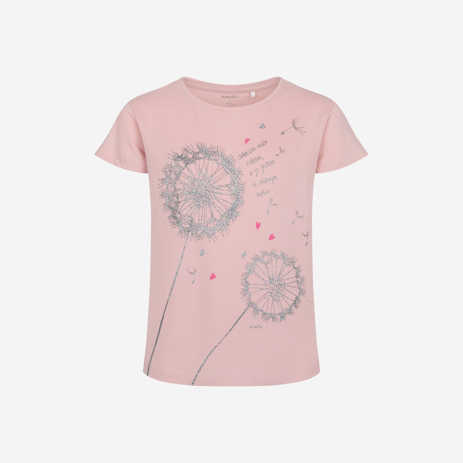 Girls' short-sleeved t-shirt with dandelions, pink, 9-13 years old