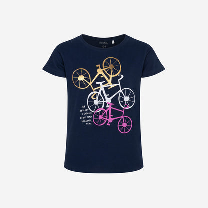 T-shirt z krótkim rękawem dla dziewczynki, z motywem rowerowym, granatowy 9-13 lat
