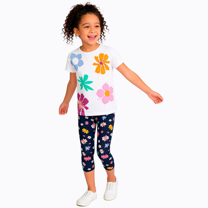 Legginsy 3/4 dla dziewczynki, z kwiatkami, granatowe 3-8 lat